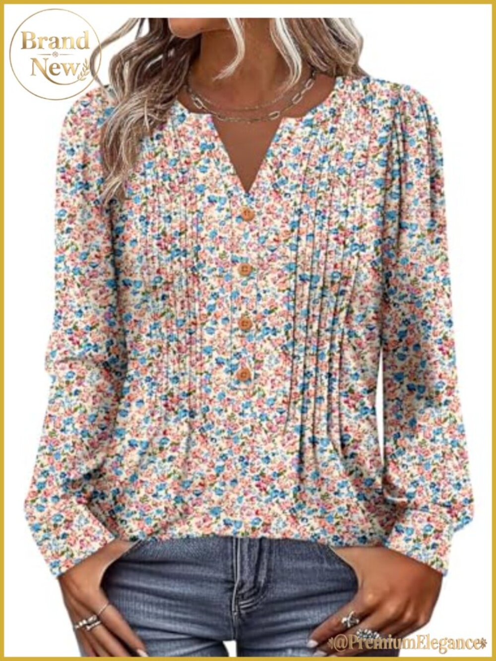 Puff Long Sleeve Pleated Tunic Top V-Neck Floral Blouse